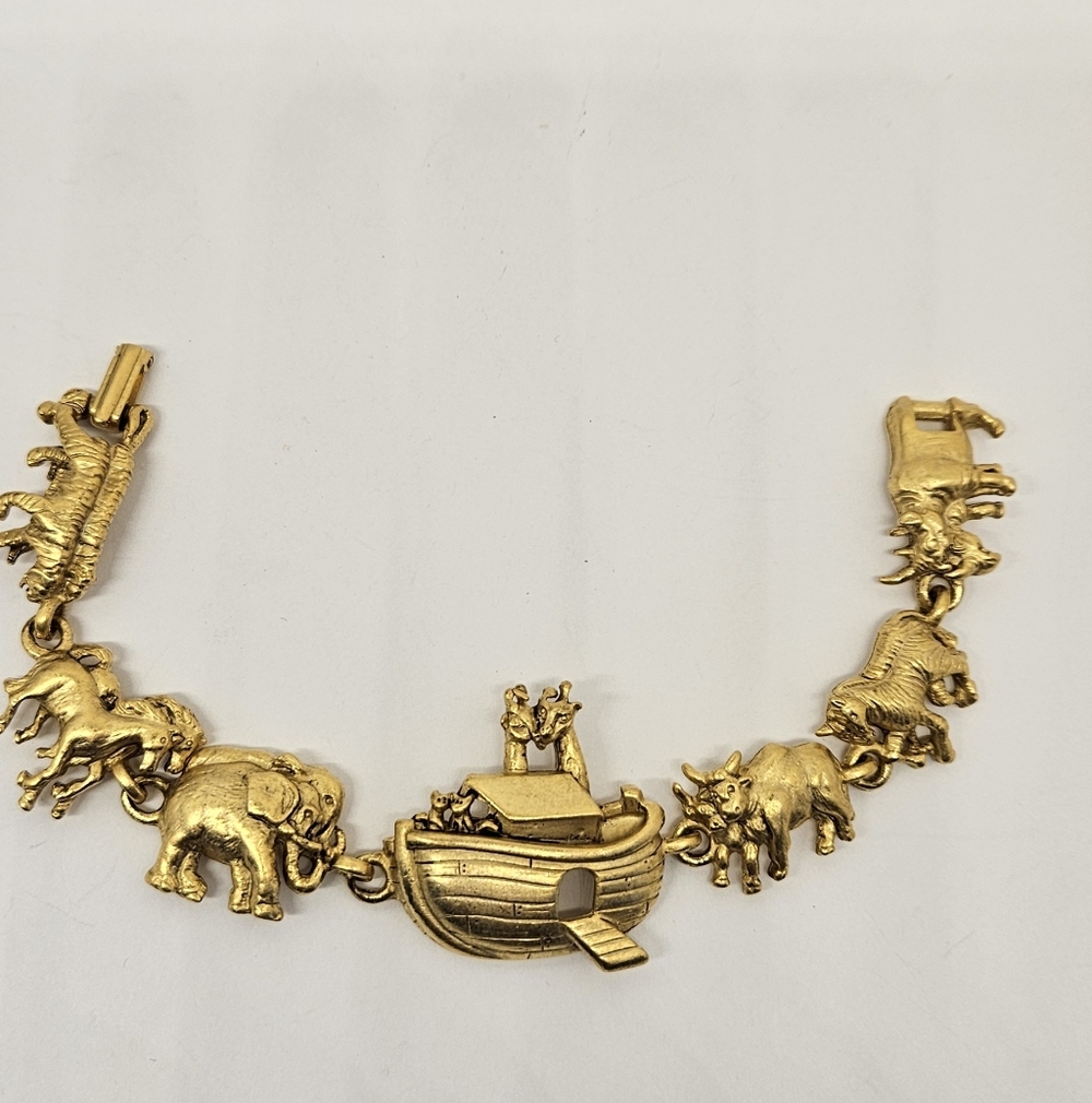 AJC Noah's Ark Bracelet Gold Tone Fold Over Clasp Vintage